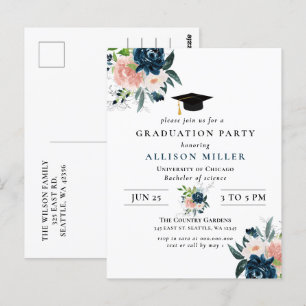Rustic Navy Blush Floral Botanical Graduation Postcard