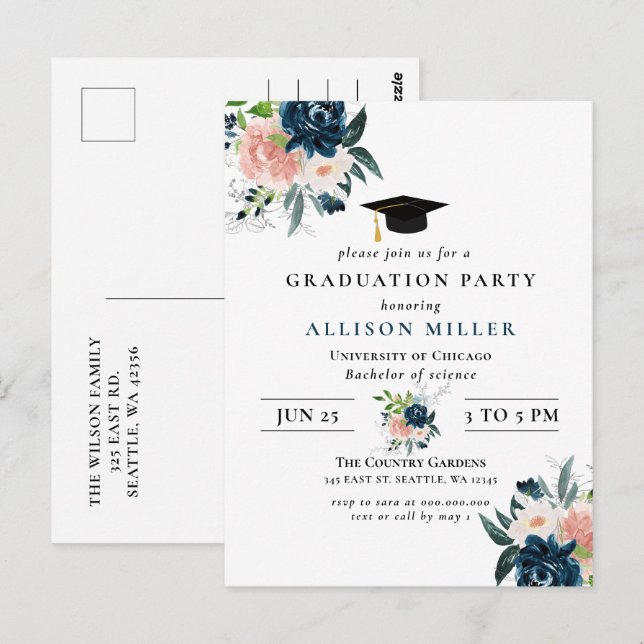 Rustic Navy Blush Floral Botanical Graduation Postcard (Front/Back)