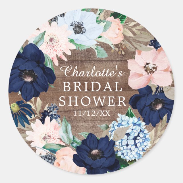 Rustic Navy & Blush Floral Bridal Shower Favour Classic Round Sticker (Front)