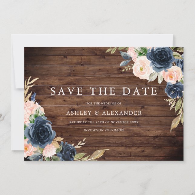 Rustic Navy Blush Floral Wedding Save The Date (Front)