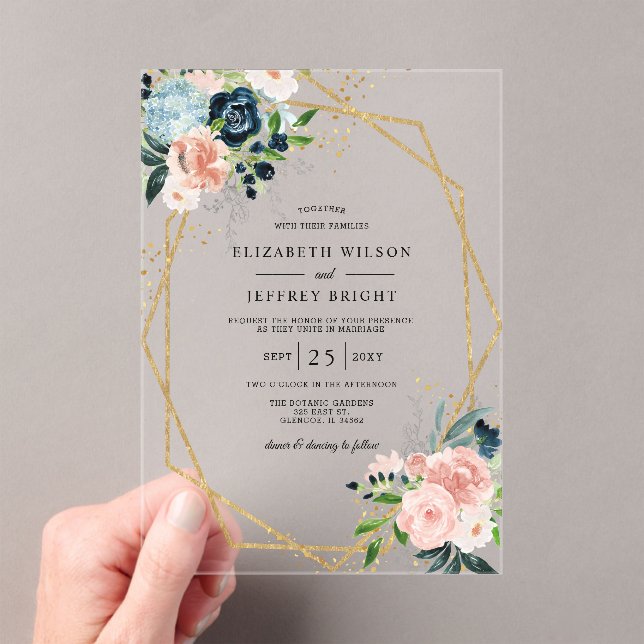  Rustic Navy Blush Gold Floral Geometric Wedding Acrylic Invitations (Insitu (Handheld))