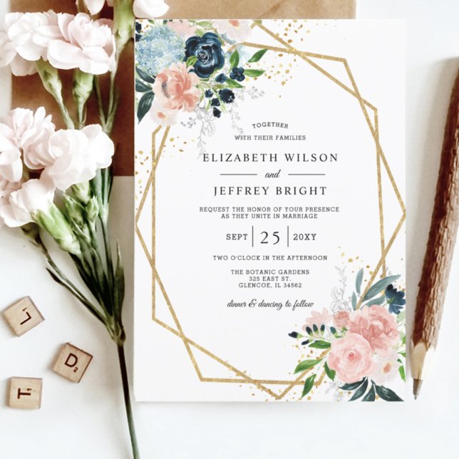  Rustic Navy Blush Gold Floral Geometric Wedding Invitation (Creator Uploaded)