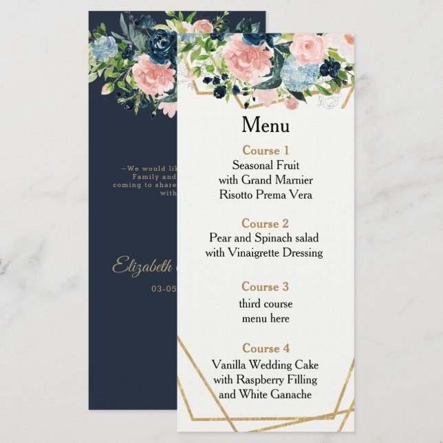 Rustic Navy Blush Gold Floral Geometric Wedding Menu (Front/Back)