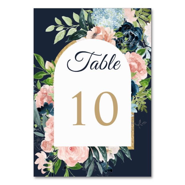 Rustic Navy Blush Gold Floral Geometric Wedding Ta Table Number (Front)