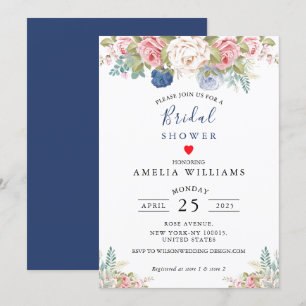 Rustic Navy Blush Pink Floral Bridal Shower  Invitation