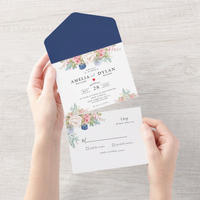 Rustic Navy Blush Pink Floral Modern  All In One Invitation (Tearaway)
