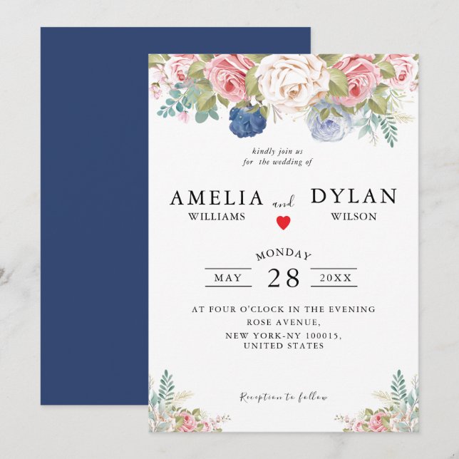 Rustic Navy Blush Pink Floral Modern Wedding Invitation (Front/Back)
