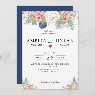 Rustic Navy Blush Pink Floral Modern Wedding Invitation