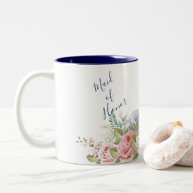 Rustic Navy Blush pink Floral Modern Wedding  Two-Tone Coffee Mug (With Donut)