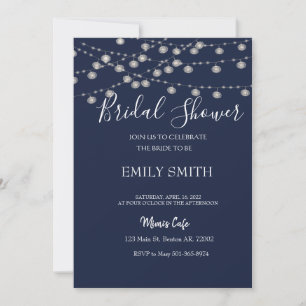 Rustic navy bridal shower white string lights invitation