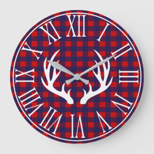 Rustic Navy Buffalo Check Plaid & Deer Antlers Large Clock