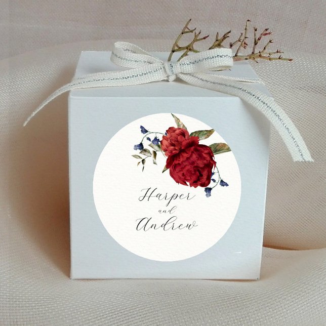 Rustic Navy Burgundy Floral Wedding Favour   Classic Round Sticker (Creator Uploaded)