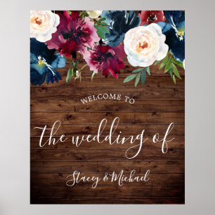 Rustic Navy & Burgundy Floral Welcome Wedding Poster