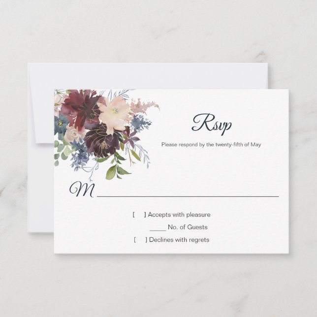 Rustic Navy Burgundy Gold Watercolor Floral RSVP (Front)
