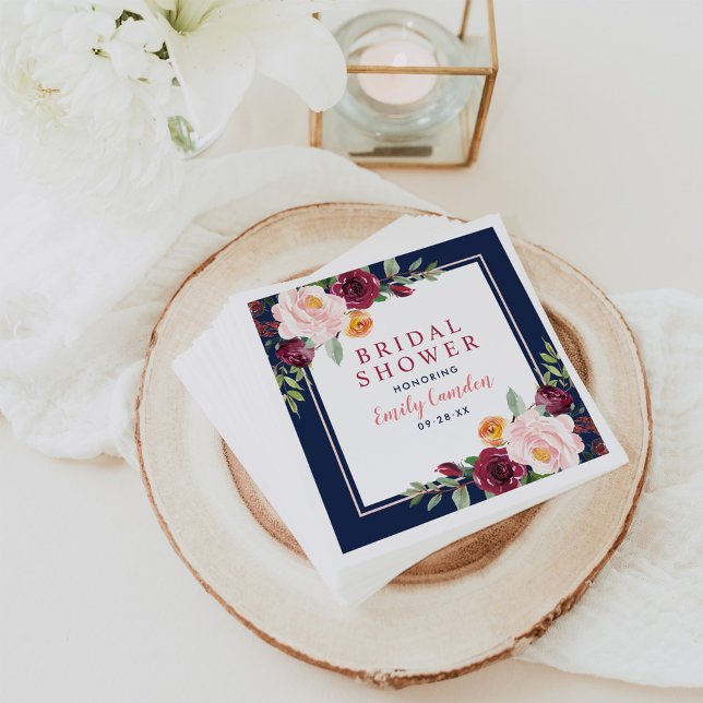 Rustic Navy Burgundy Pink Floral Bridal Shower Napkin (Creator Uploaded)