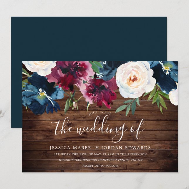 Rustic Navy Burgundy Red Burgundy Floral Wedding Invitation (Front/Back)
