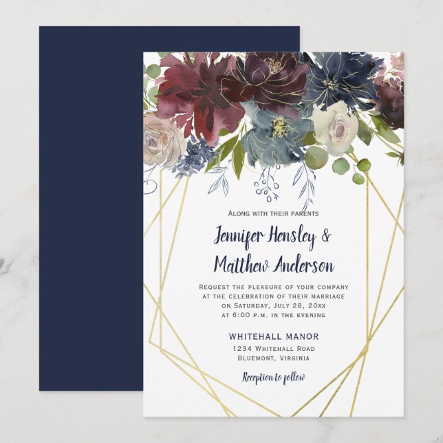 Rustic Navy Burgundy Rose Geometric Floral Wedding Invitation (Front/Back)
