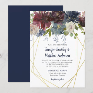 Rustic Navy Burgundy Rose Geometric Floral Wedding Invitation
