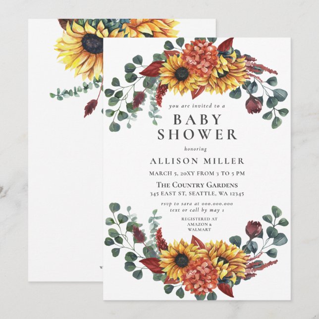 Rustic  Navy Burgundy Sunflowers Baby Shower Invitation (Front/Back)