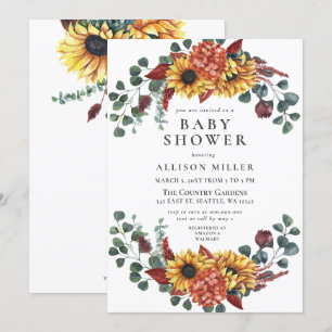 Rustic Navy Burgundy Sunflowers Baby Shower Invitation