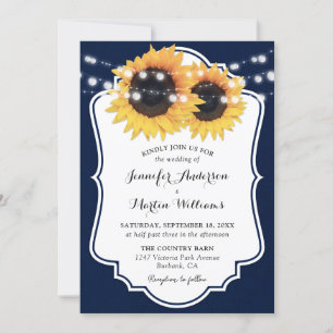 Rustic Navy Burlap Sunflower Wedding Invitations