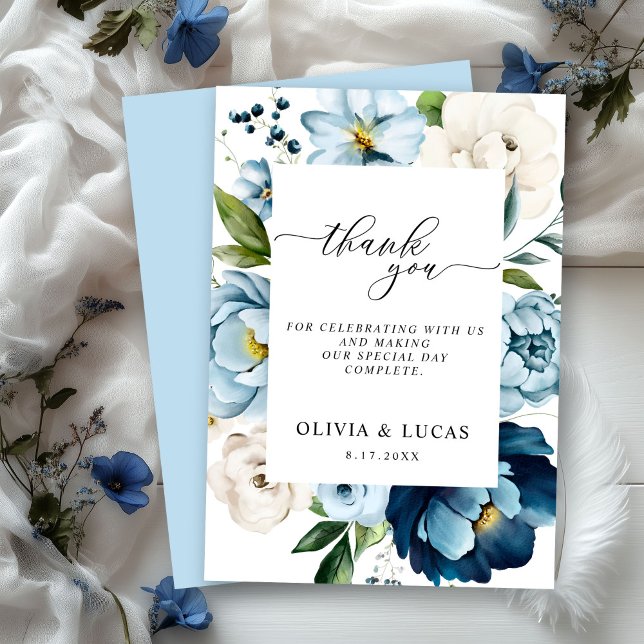 Rustic Navy Dusty Blue Cute Elegant Floral Wedding Thank You Card (Creator Uploaded)