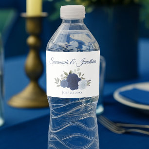 Rustic Navy Dusty Blue & Indigo Roses Wedding Water Bottle Label