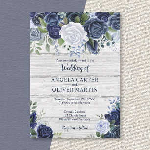 Rustic Navy Dusty Blue Watercolor Floral Wood Invitation