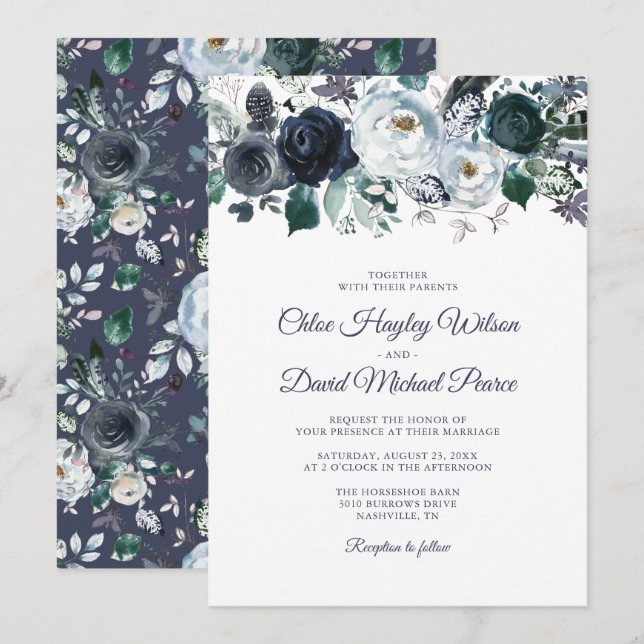 Rustic Navy Dusty Blue Watercolor Wedding Invitation (Front/Back)
