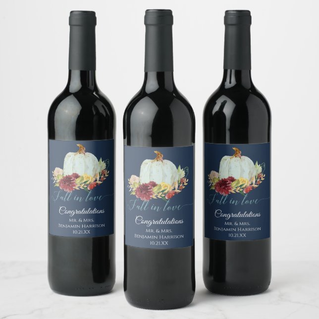 Rustic Navy Fall in Love Pumpkin Burgundy Floral Wine Label (Bottles)