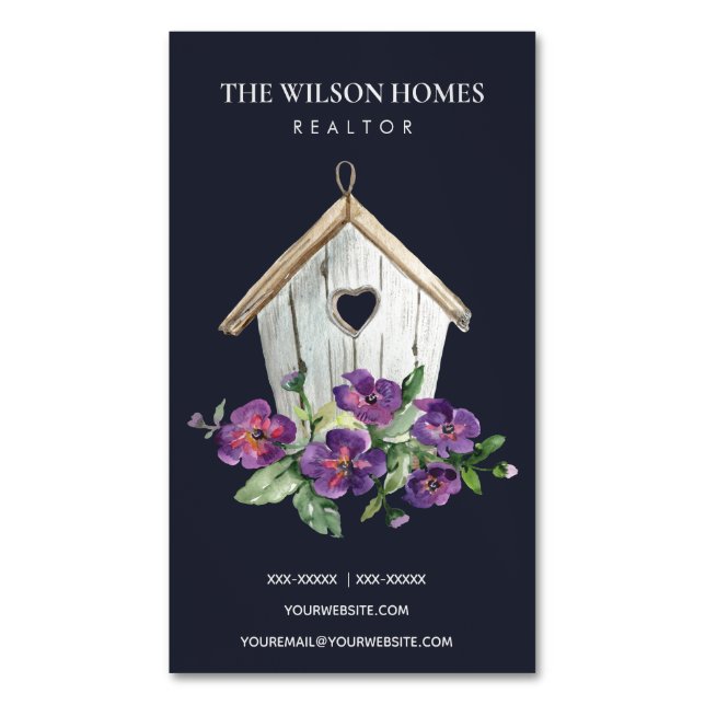 RUSTIC NAVY FLORAL BIRDHOUSE REAL ESTATE REALTOR 	Magnetic BUSINESS CARD (Front Vertical)