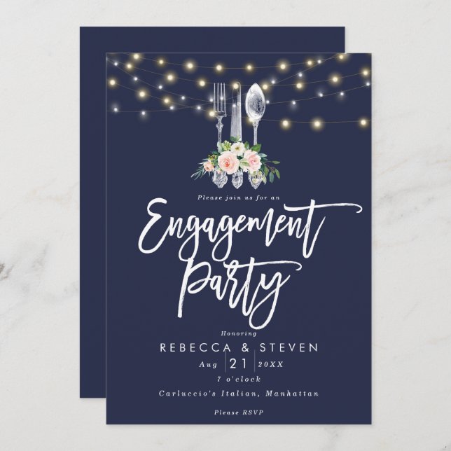 rustic navy floral engagement party invitation (Front/Back)