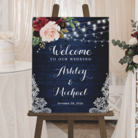 Rustic Navy Floral String Lights Lace Wedding Sign