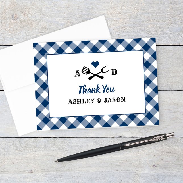 Rustic Navy Gingham Plaid BBQ Wedding Monogram Thank You Card (Creator Uploaded)