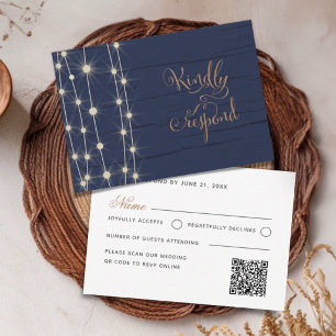 Rustic Navy & Gold String Lights Wedding RSVP Card