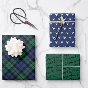 Rustic Navy Green Watch Plaid Deer Christmas Wrapping Paper Sheet