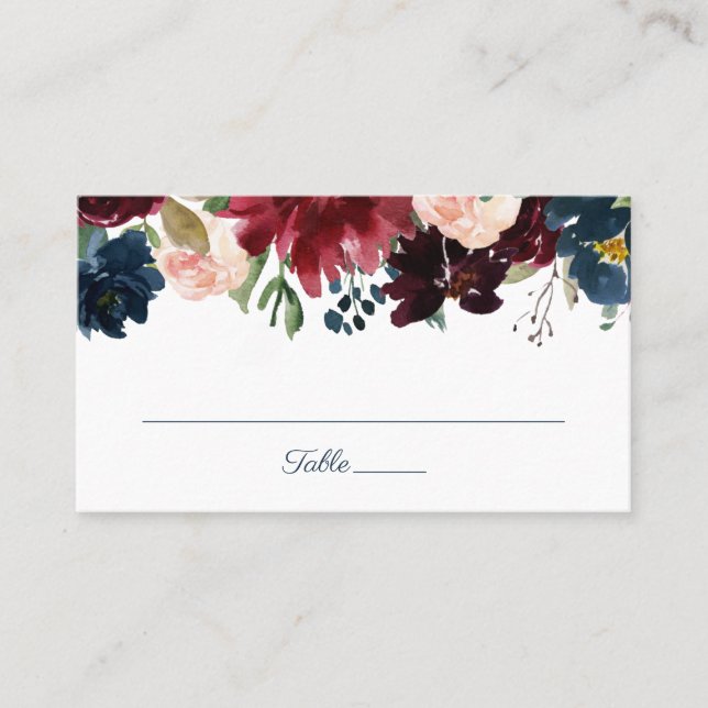 Rustic Navy Marsala Floral Wedding Flat Place Card (Front)