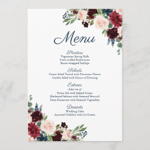 Rustic Navy Marsala Floral Wedding Menu Cards
