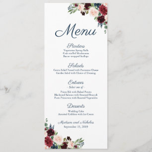 Rustic Navy Marsala Floral Wedding Menu Rack Cards