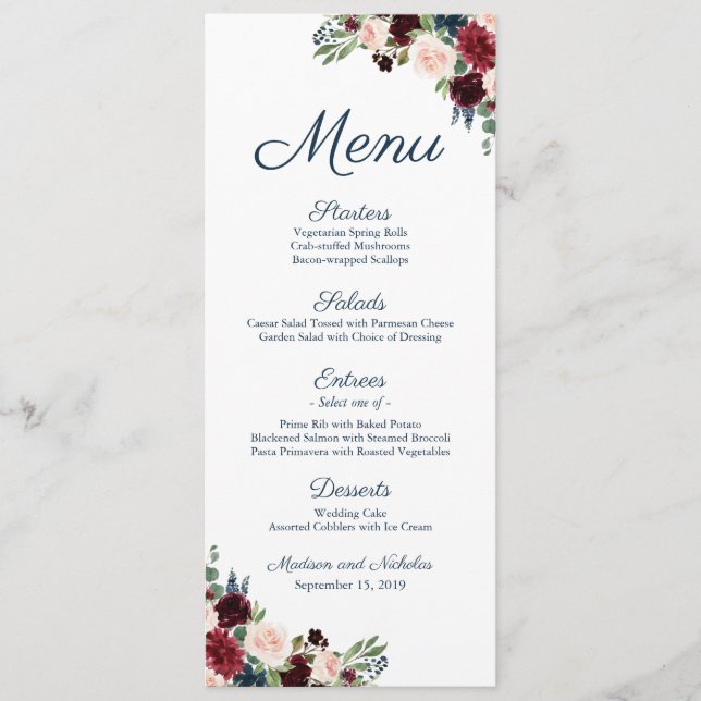 Rustic Navy Marsala Floral Wedding Menu Rack Cards (Front)