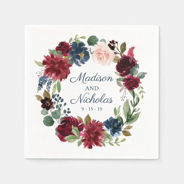 Rustic Navy Marsala Floral Wedding Napkins (Front)