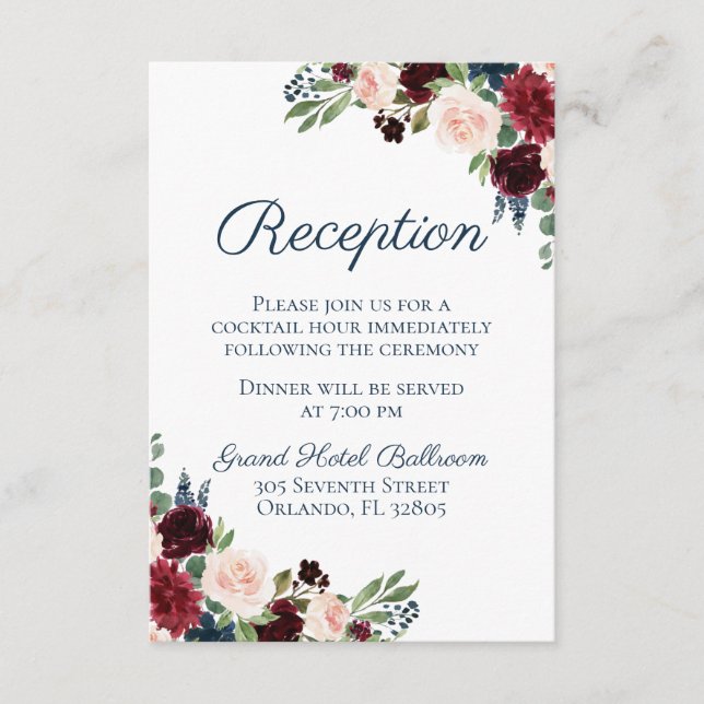 Rustic Navy Marsala Floral Wedding Reception Cards (Front)