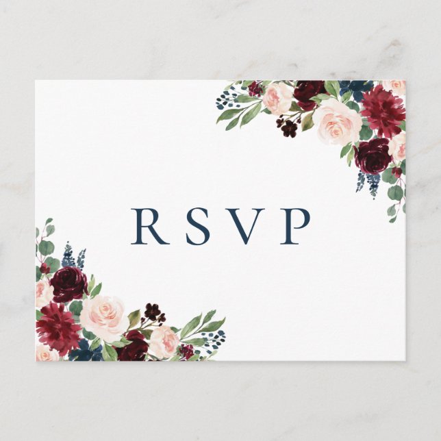 Rustic Navy Marsala Floral Wedding RSVP Postcards (Front)