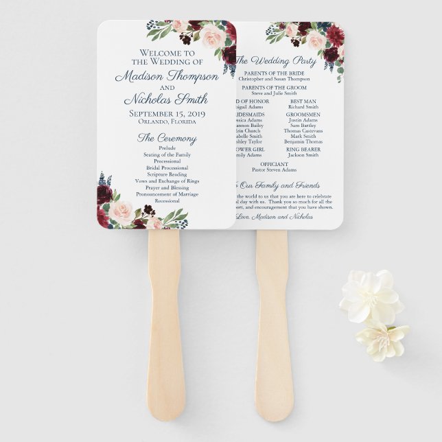 Rustic Navy Marsala Flower Wedding Program Fans (Front and Back)