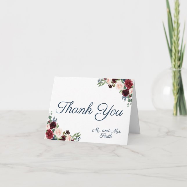 Rustic Navy Marsala Flowers Folded Thank You Cards (Front)