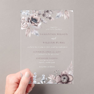 Rustic Navy Mauve Floral Botanical Wedding Acrylic Invitations