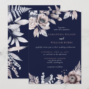 Rustic Navy Mauve Floral Botanical Wedding Invitation