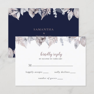 Rustic Navy Mauve Floral Botanical Wedding RSVP Card