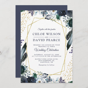 Rustic Navy Peony Gold Geometric Frame Wedding Invitation