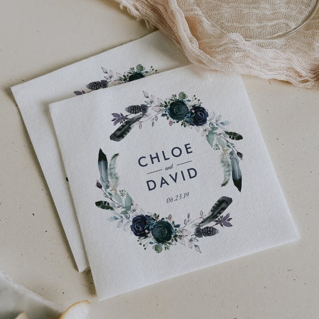 Rustic Navy Peony Watercolor Personalised Wedding Napkin (Creator Uploaded)